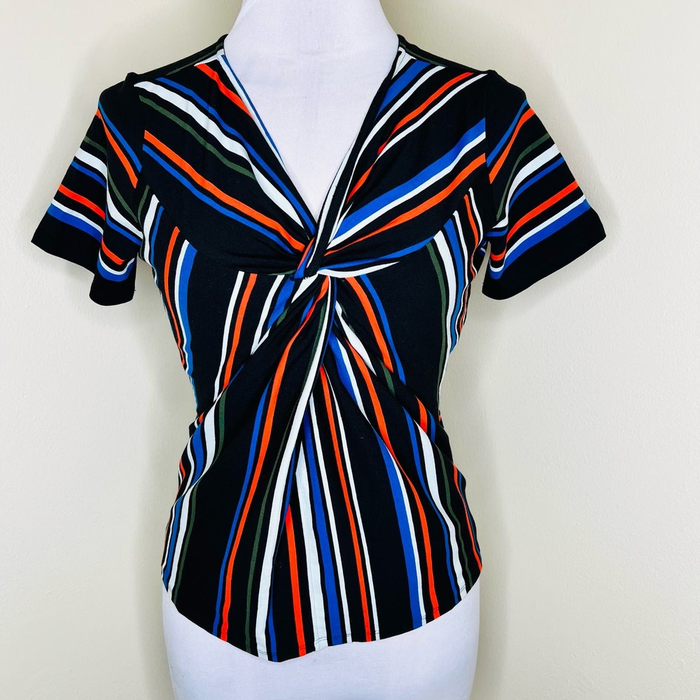 NEW Parker Top SMALL Stripe Black V-Neck Twist Knot Short Sleeve Tee Blue Cotton